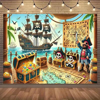 1pc Pirate Treasure Party Background Cloth, Polyester, with Cartoon Pirates, Sailboats and Treasures - Home Decoration