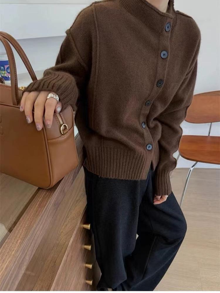 Women's French Retro Wool Cardigan - Irregular, Thick, Stand Collar Sweater for Autumn/Winter
