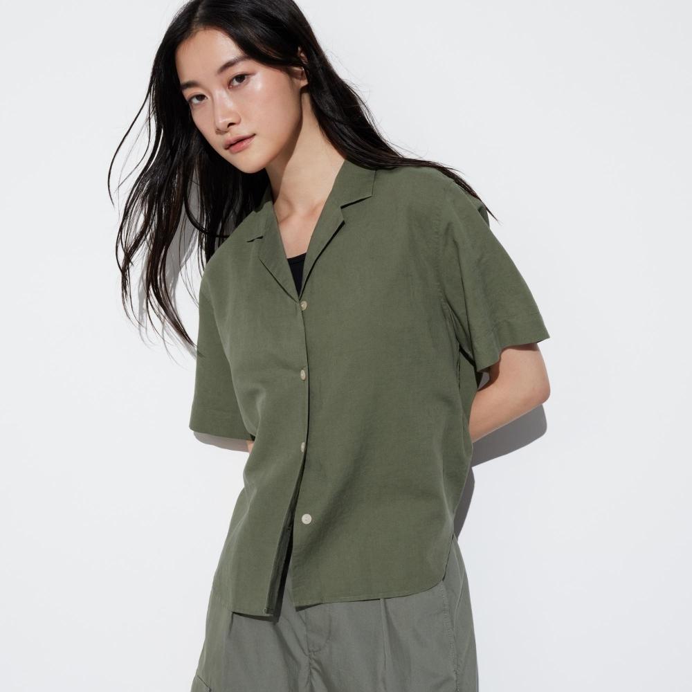 

Рубашка UNIQLO из смесового льна с открытым воротником и короткими рукавами