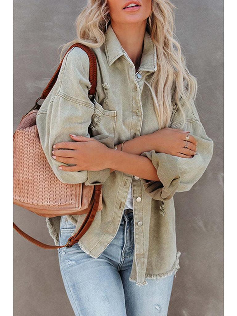 2025 European & American Style Distressed Ripped Denim Jacket for Women