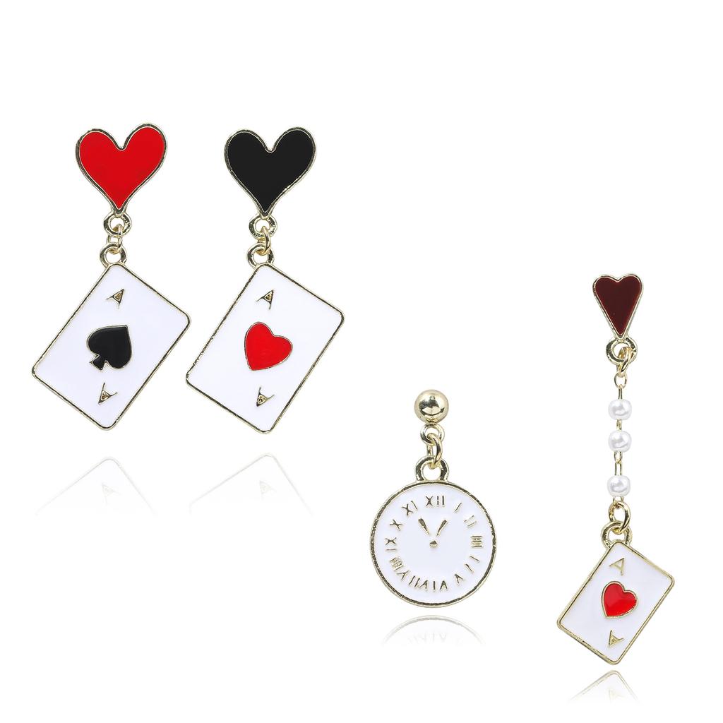 2 Pairs Fashionable Playing Card Earrings Trendy Asymmetric Poker Ear Pendants Handmade Accessories for Stylish Women