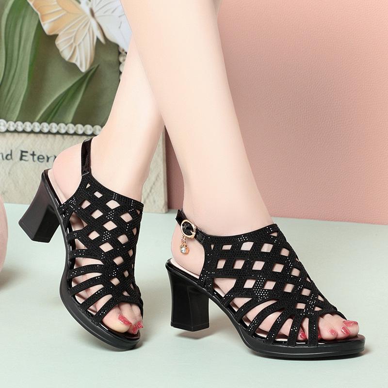 

6.5cm Elegant Office Ladies Rhienstone Gladiator Sandals Platform Shoes 2025 Soft Leather Sandals Med Block Heels for Mom Daily 35