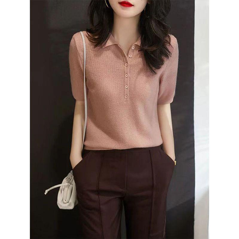 

Женская футболка-свитер с воротником поло на пуговицах, с рукавами до локтя из ледяного шелка, летняя новинка, широкие свободные плечи, короткие рукава, тонкий Pink S