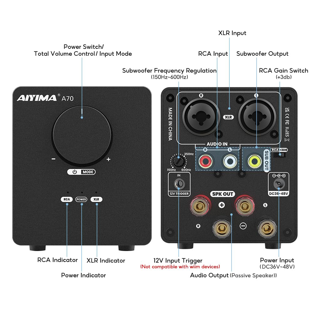 AIYIMA A70 Ausbalancierter Stereo-Verstärker mit TPA3255 Class-D-Verstärker für Theater mit Regal-XLR-RCA-Eingängen Trigger DC48V 5A Netzteil PFFB,