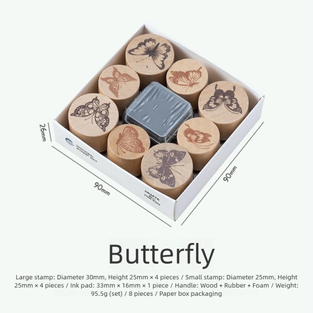 DIY Craft Cylindrical Stamp Butterfly Flower Themed Wood Rubber Stamp Diary Decoration
