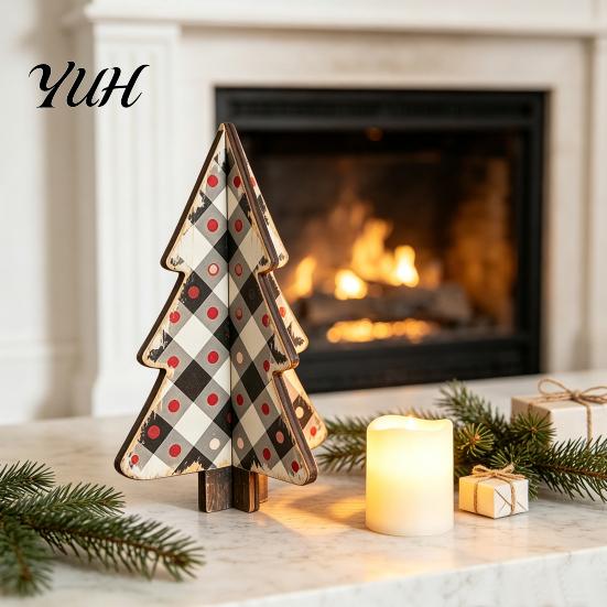 Charming Christmas Party Table Decor Wooden Tree Tabletop Decoration, Rustic 3D Interlocking Ornaments, Vintage Durable Festive Shop Window