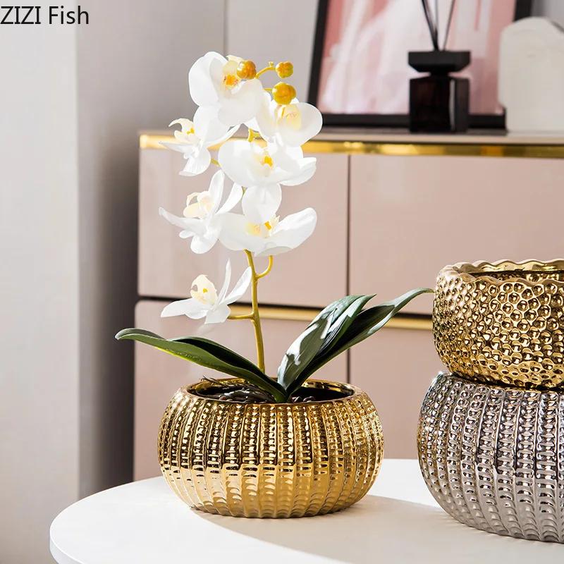 Creative Golden/Silver Plated Ceramic Flower Pots Vase Desk Decoration Artificial Flower Decorative Floral Arrangement Vases