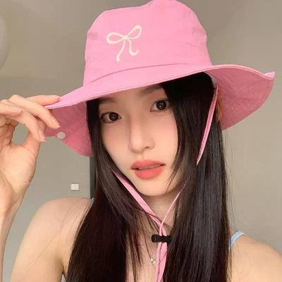 Pink Bow Fisherman Hat for Women Summer Wide Brim Anti-UV Sun Cap Outdoor Camping Hiking Lady Girls Bucket Hats
