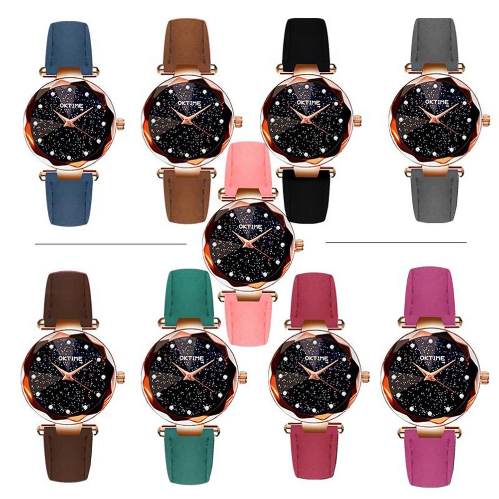 Women Fashion Retro Belt Quartz Movement Wristwatch Starry Sky Dial Watch
