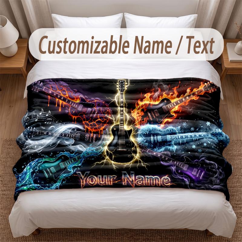 Music Guitar Theme Soft Blanket Personalized Custom Name Text Print Warm Blanket Home Sofa Bedroom Decor