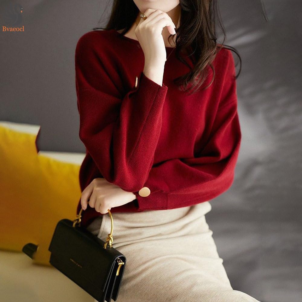 Bvaeocl Knit Long Buttoned BV88 Women's Sweater, Sleeve, Sleeves, Pullover, Soft, Slimming, Simple, Stylish, Elegant, Autumn/Winter, (S, Red)