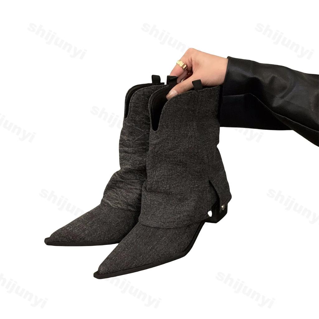 Fashion Vintage Women Western Cowgirl Boots Fashion Designer Elegant Pointed Trouser Boots Thick Heel Women's Modern Short Pants Booties