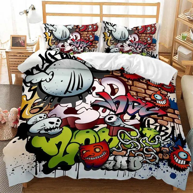 Graffiti Bettbezug Hip Hop Street Culture Print Bettwäscheset Mikrofaser Bunt Überlappende Blockige Buchstaben Kunst Bettdeckenbezug