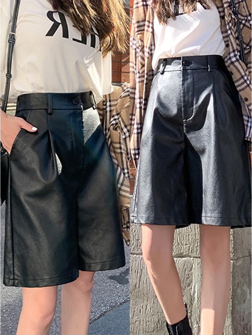 

Women s High-Waist Black PU Leather Shorts - Spring/Autumn/Winter 2026, Slimming & Loose Wide-Leg, Casual Mid-Length Extra Small чорний