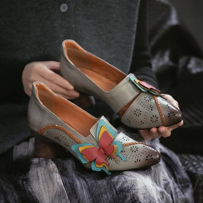 Johnature Retro High Heels Genuine Leather Shallow Commuter Versatile Women's Shoes