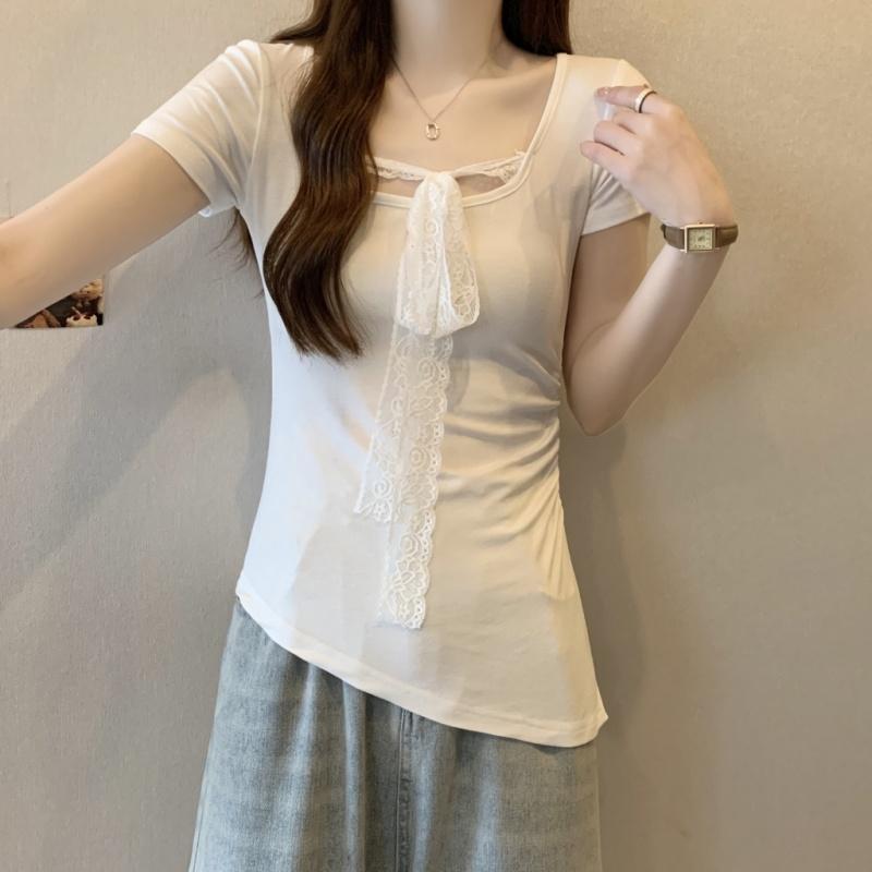 Summer Short Sleeve Women's Solid O-Neck irregular Pullovers korean Lace ribbon t-Shirts y2k Tops Female Slim pure cotton Tees