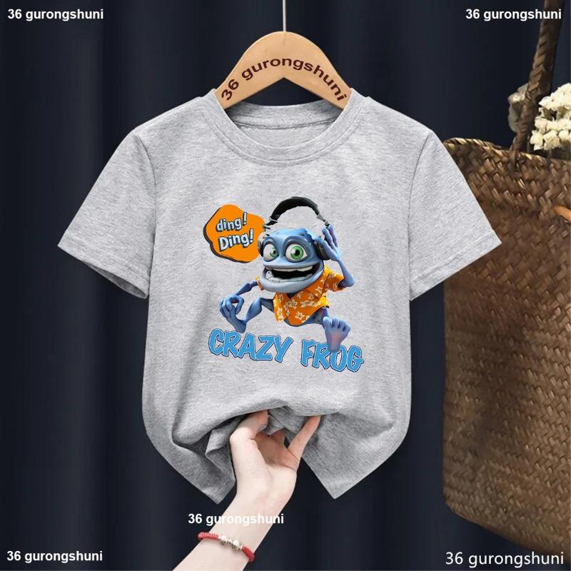 Nové tričko pro kluky/holky Vtipný kreslený potisk Žába, Dětská móda Trendy oblečení pro kluky Bílé s kulatým výstřihem Dětské tričko Top 1-13