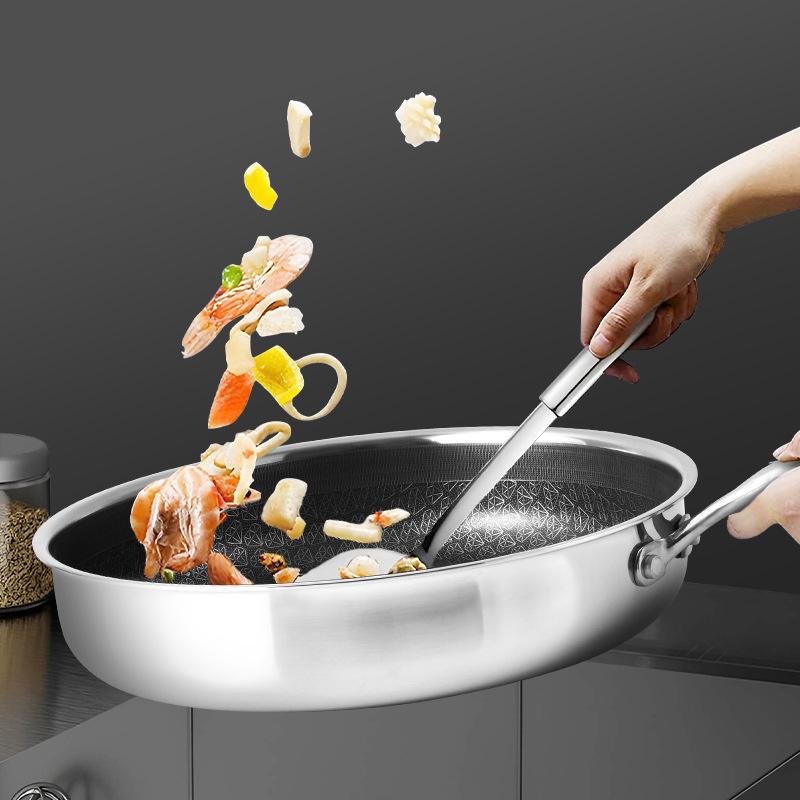Non-Stick Honeycomb Cookware Set: Wok & Flat-Bottomed Pan, 304 Stainless Steel, Coating-Free.