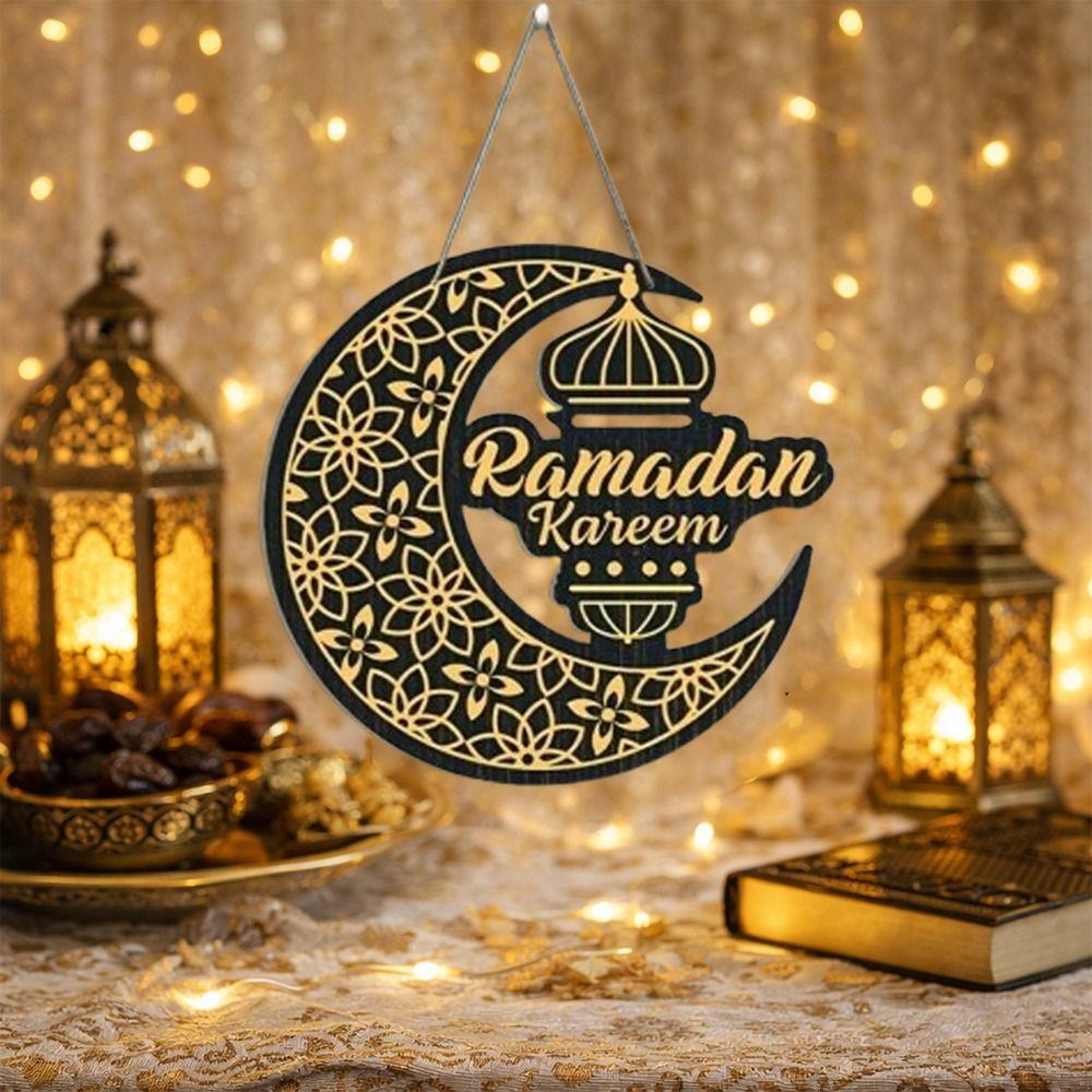 Black Gold Eid Mubarak Wall Pendant Round Plaque Wooden Moon Star Pendant  Home Decoration