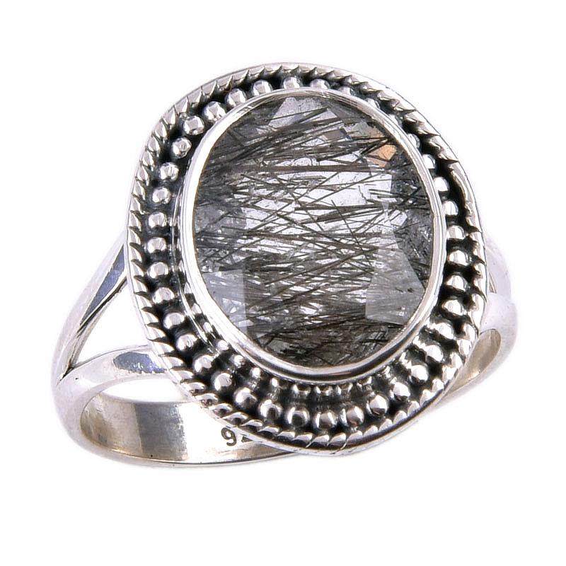 Natural Black Rutile Gemstone 925 Solid Sterling Silver Jewelry Ring Size 8 H4G88