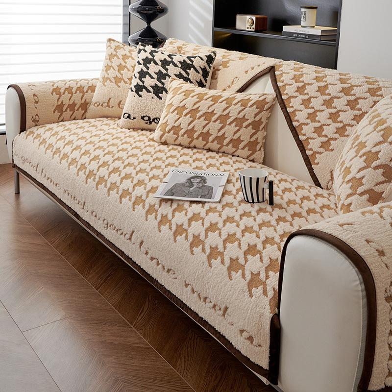 Qianniao Grid Sofa Cushion Comfortable Cotton Velvet Winter Thickened Seat Cushion High-end and Anti Slip Sofa Cover