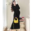 Maternity French Style Dress: Spring/Autumn Innerwear, Plus Velvet Warm, Solid Color, Round Neck, Belly Support, Slimming