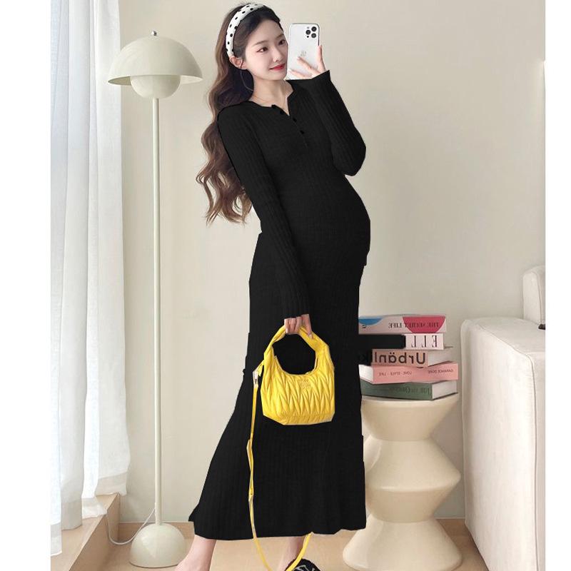 Maternity French Style Dress: Spring/Autumn Innerwear, Plus Velvet Warm, Solid Color, Round Neck, Belly Support, Slimming