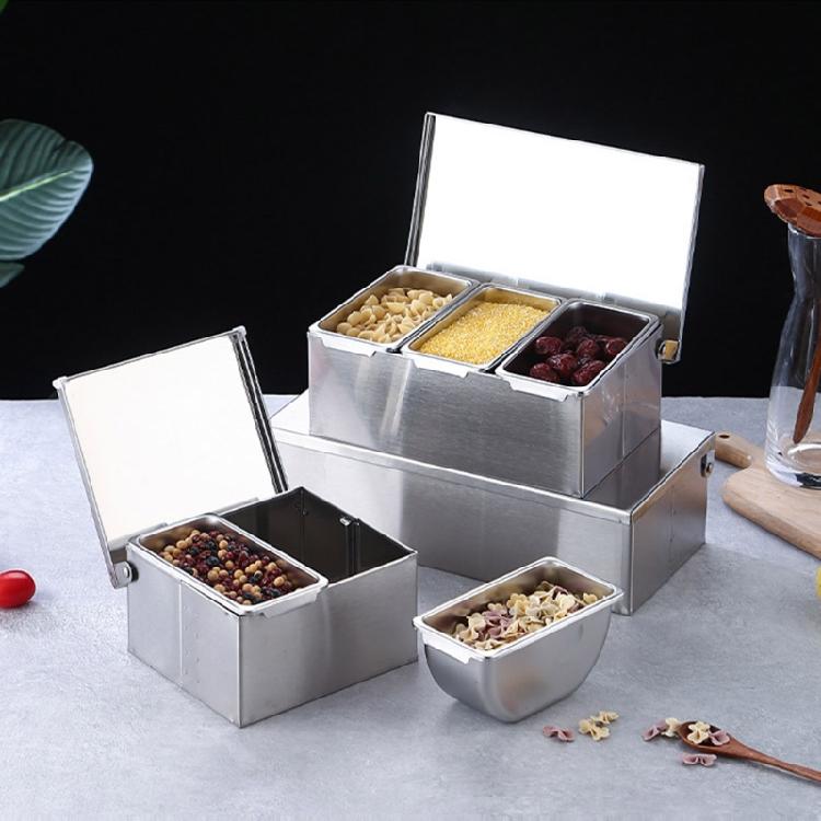 Household Grid Spice Container Set Seasoning Box Stainless Steel Seasoning Box Seasoning Storage Jar with Cover