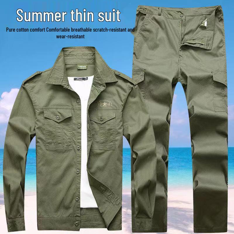 Men's Summer Workwear Set: Thin Cotton Long Sleeve, Wear-Resistant, Stain-Resistant, Ideal for Welding and Auto Repair