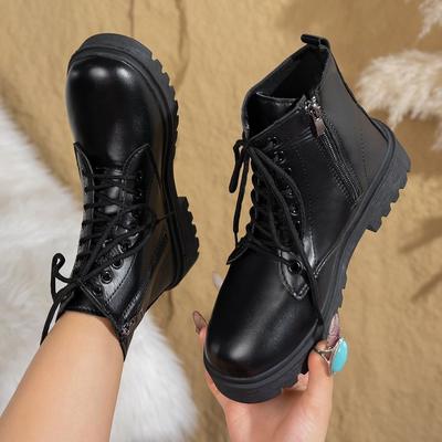 Übergröße schwarze Martin-Stiefel Herbst und Winter neu kurzschaftig einfarbig runde Zehenpartie dicksohlig zum Schnüren Martin-Stiefel