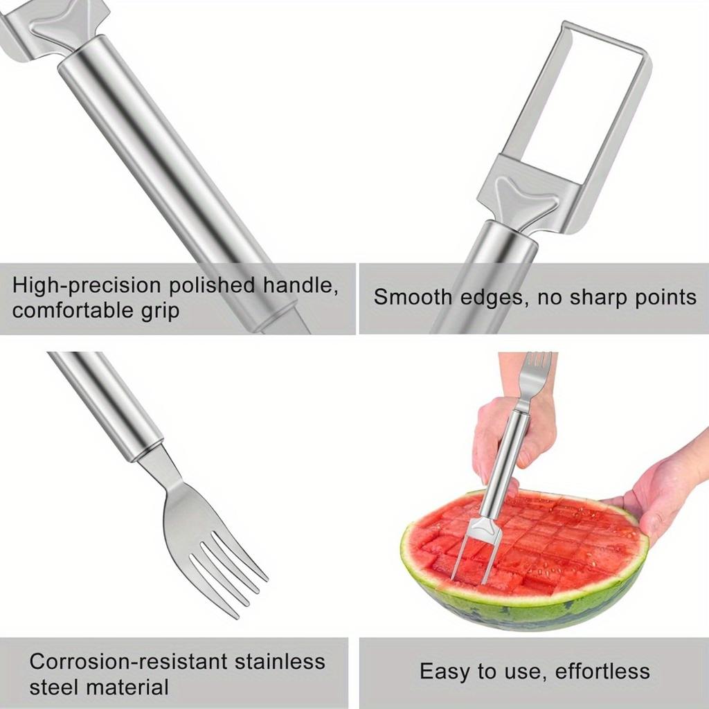 2-in-1 Watermelon Slicer and Fork Stainless Steel Fruit Cutter Tool for Watermelon, Mango, Pitaya, Portable for Camping, Picnics, Home
