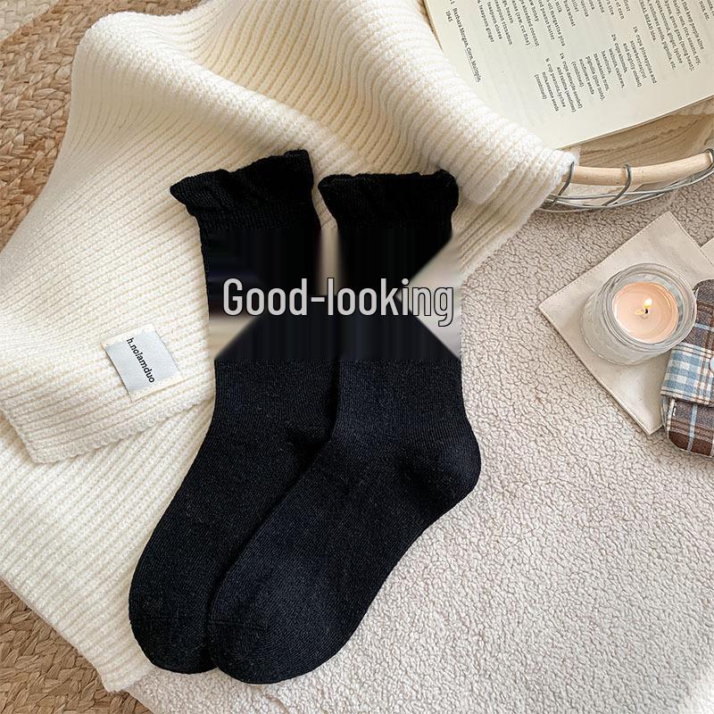 Korean Style Women's Wool Socks: Sweet Bubble Lace, Mid-calf, Cute Cartoon Design, Warm and Versatile for Autumn and Winter