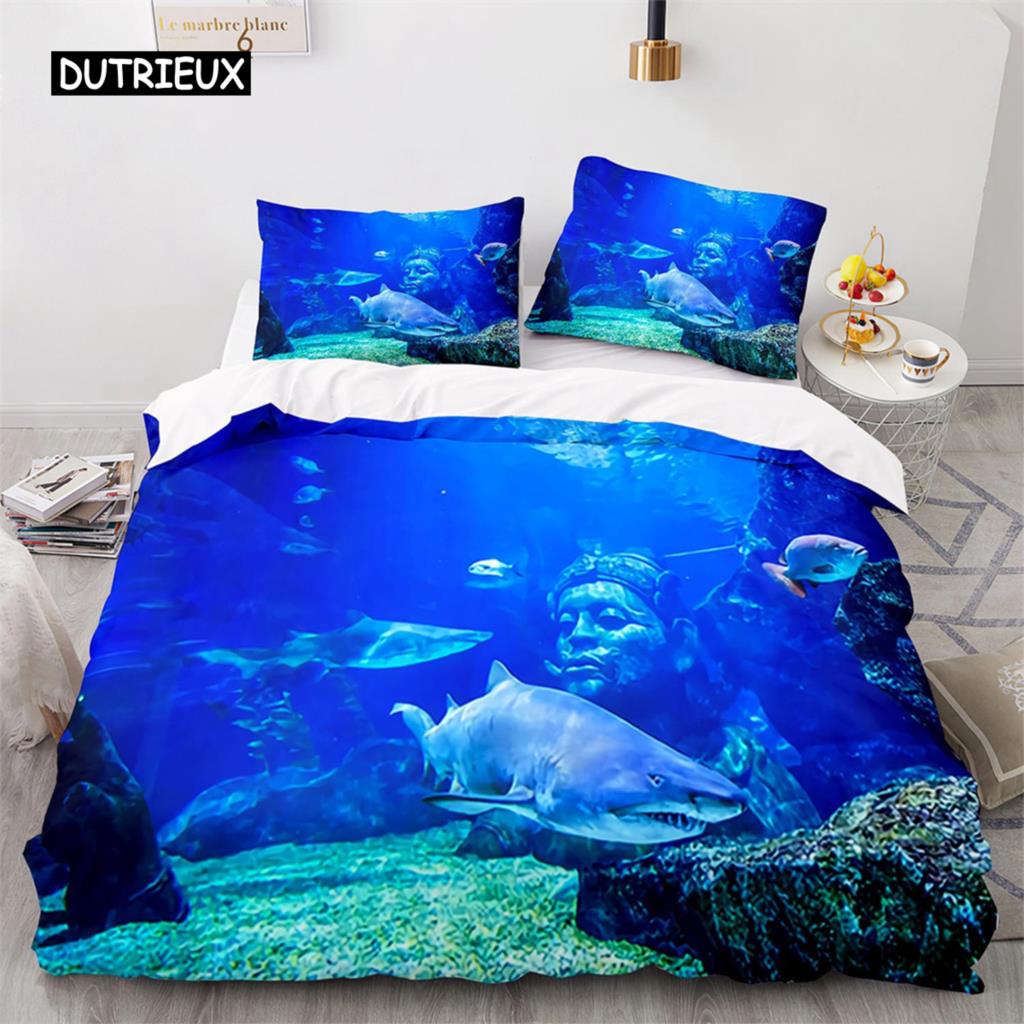 Duvet Cover Ocean Underwater World Bedding Sets with Goldfish Coral Reef Quilt Cover for Kids Teens Children Bedroom Decoration