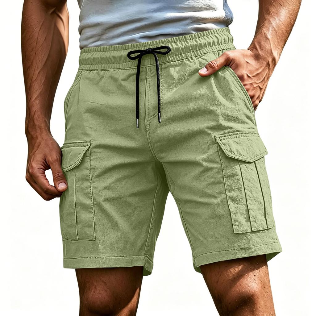 Men's Casual Cargo Shorts Elastic Drawstring Waist Multi-Pocket Summer Quick Dry Workout Solid Color Beach Short Pants