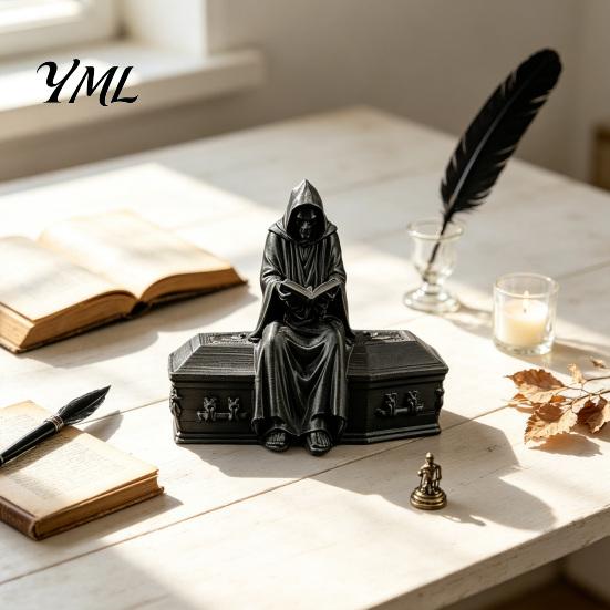 Gothic Home Decor 3D Printed Reading Skeleton Figurine, Hooded Reader Statue, Unique Halloween Gifts Spooky Desktop Ornament for Office Bookshelf