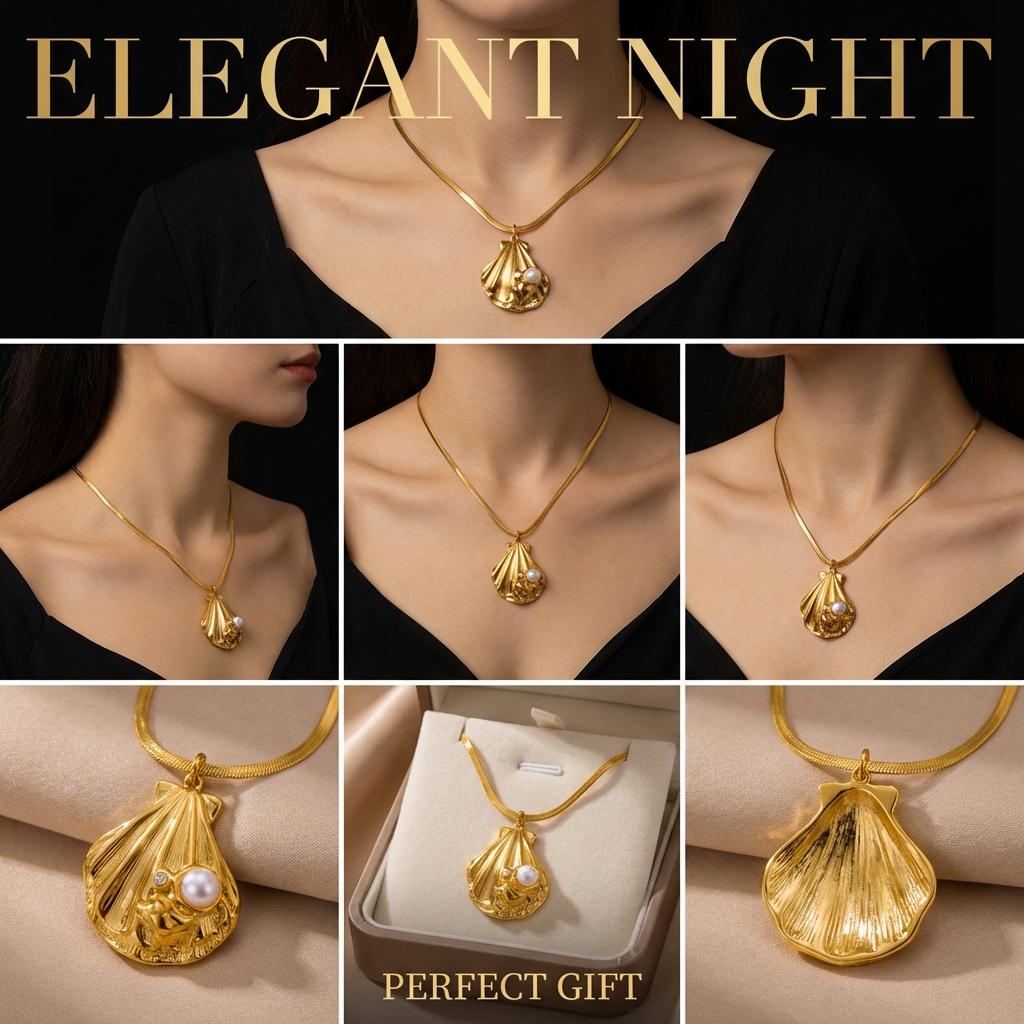 Edelstahl Vergoldte Muschel Anhänger Halskette Für Damen Exquisite Imitation Perlmutt Muschel Schlangenketten Choker Meeres Schmuck