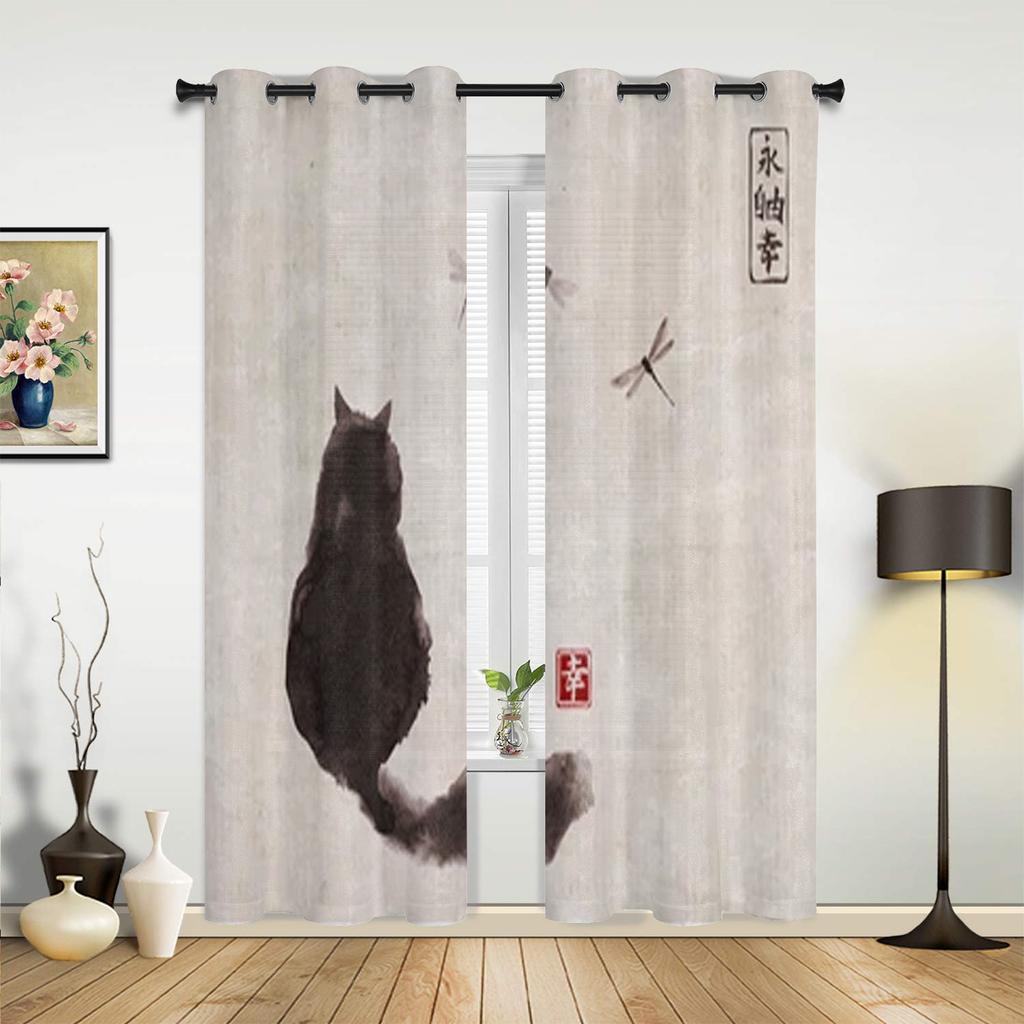 Black Cat And Dragonfly Window Curtains For Living Room Luxury Bedroom Decor Drapes Kitchen Window Treatments Curtains