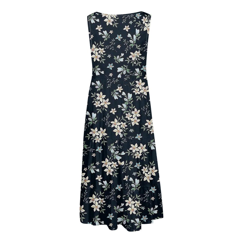 Women Summer Spring Pleated Bohemian Dresses Cute Sleeveless Flowing Beach Straight T-Shirt Tank Dresses Round Neck Dresses
