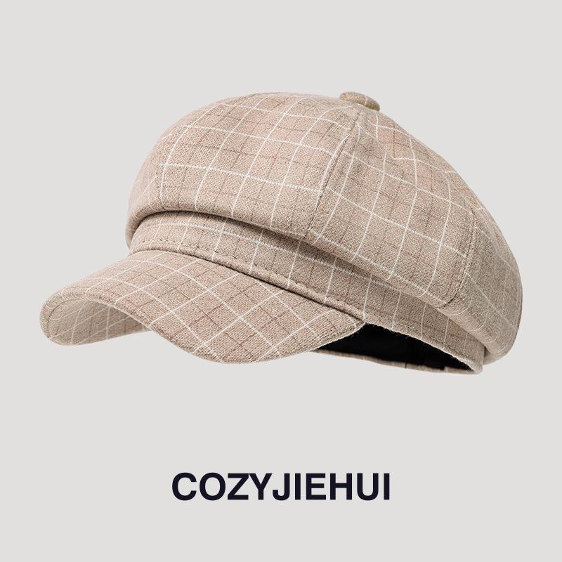 

Women s autumn and winter woolen new octagonal hat Japanese and Korean version outdoor warm trend fashion striped plaid versatile beret бежевий