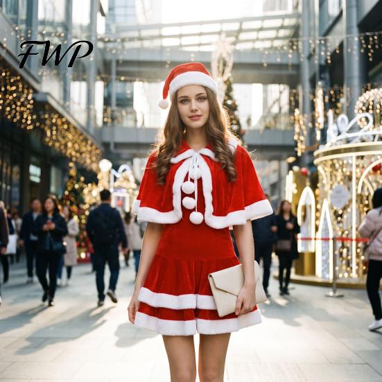 Damen Weihnachtsoutfit Weihnachtsmann Kostüm, Cosplay mit Kleid, Charakter Anzug Hut & Schal, Samt Weihnachten Party Mini Ärmelloses Kleid Feiertags Set