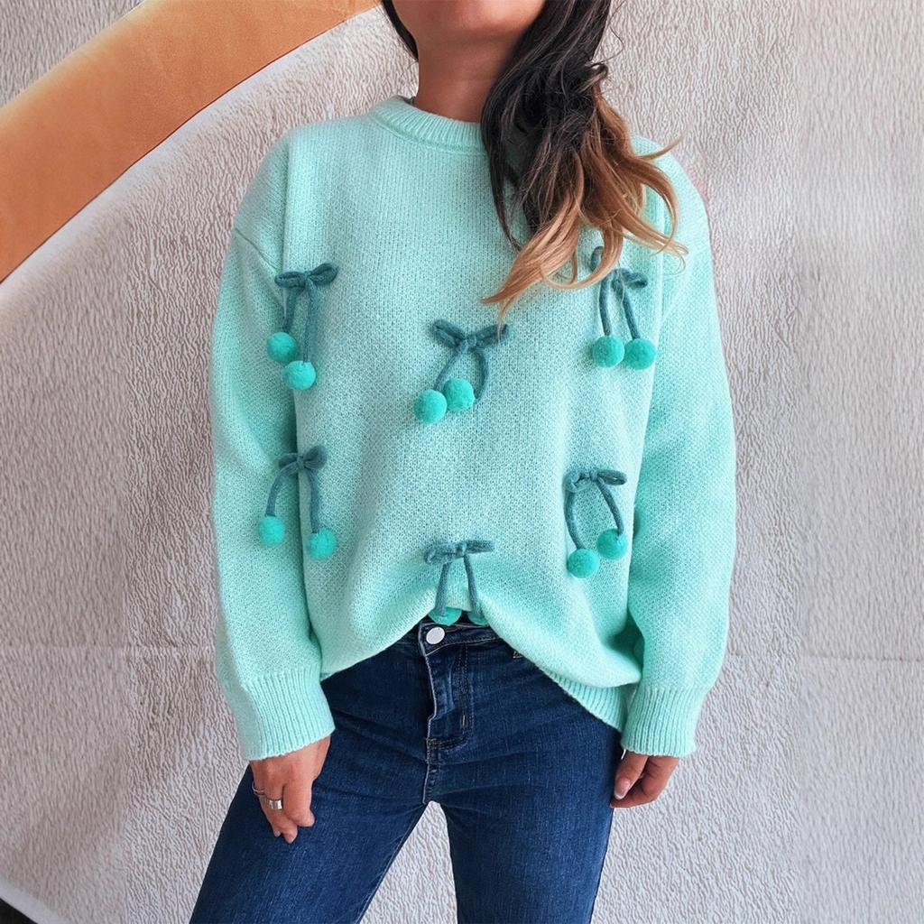 Women's Solid Color Knitted Pullover Sweater With Round Neck Splicing And Three-dimensional  Sweater