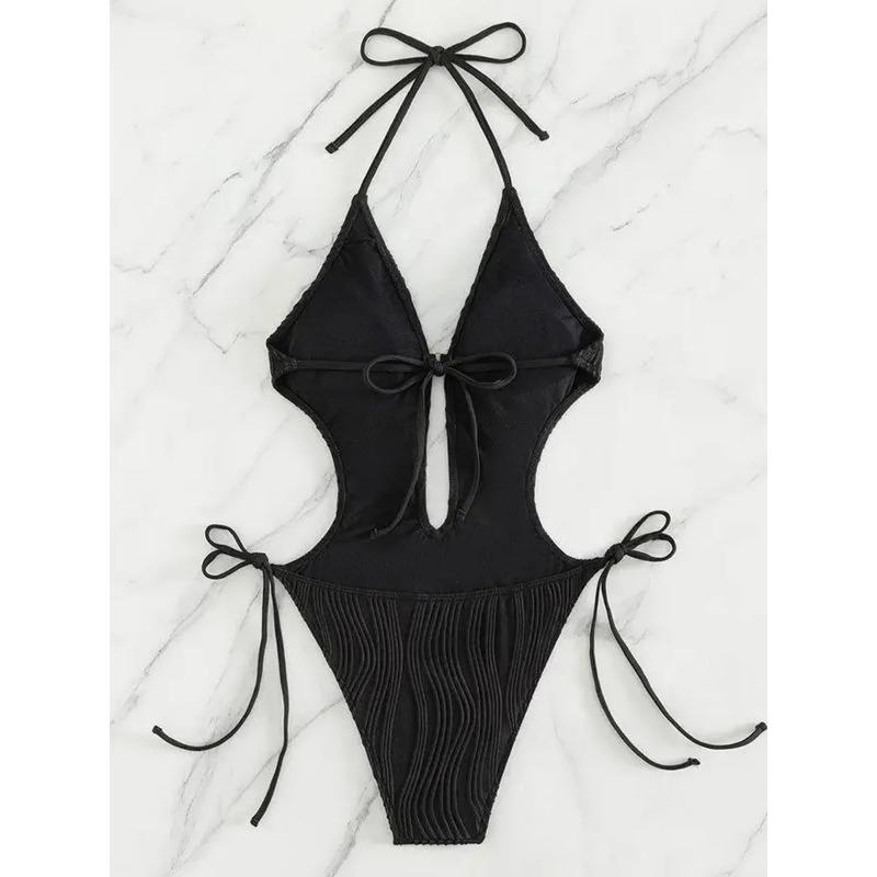 Sexy Halter V Neck Wrinkled Female Swimwear One Piece Swimsuit Women Backless Monokini High Leg Cut Bathing Suit Swim Beach Wear