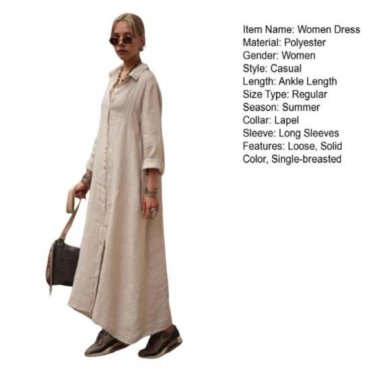 Women Summer Maxi Dress Loose Turn Down Collar Long Sleeves OL Cardigan Commute Daily Wear Pure Color Single Breasted Long Dress