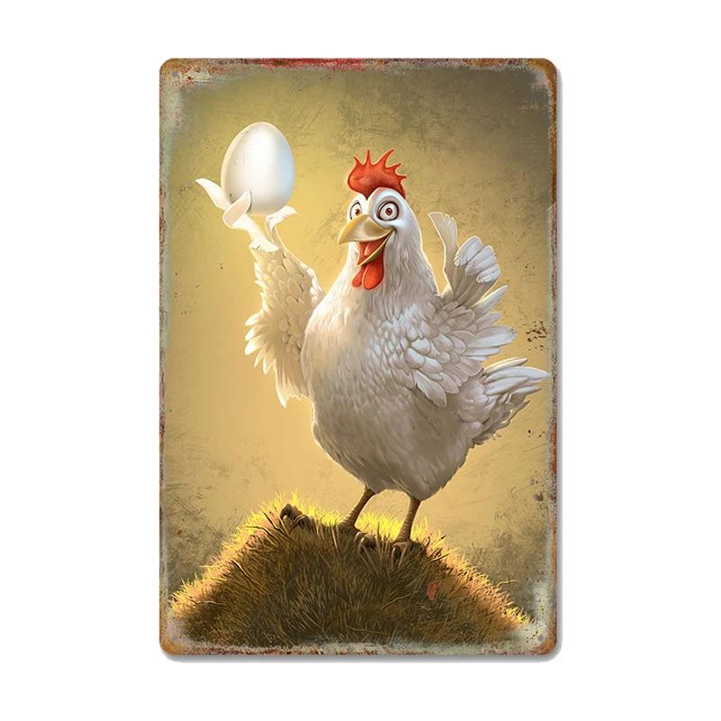 Chickens Tin Signs Metal Vintage Poster Rooster Hens Eggs Retro Plaque Wall Stickers Painting for Farm Door Home Decor