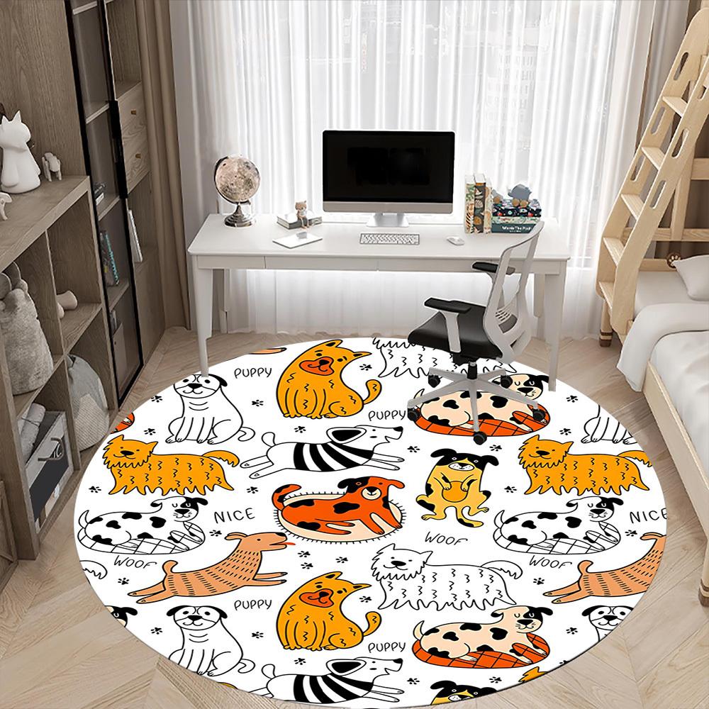 1PC Dogs Puppies Office Round Area Rug, Mat Suitable For Office, Under Office Chairs Bedroom Living Room Home Decor, Room Deco