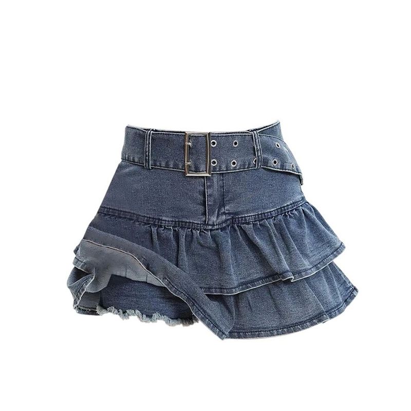 

Double Ruffles Fake Two Denim Skirt Double Layer Frill Fake Two Pieces Denim Women s Skirt Blue XL