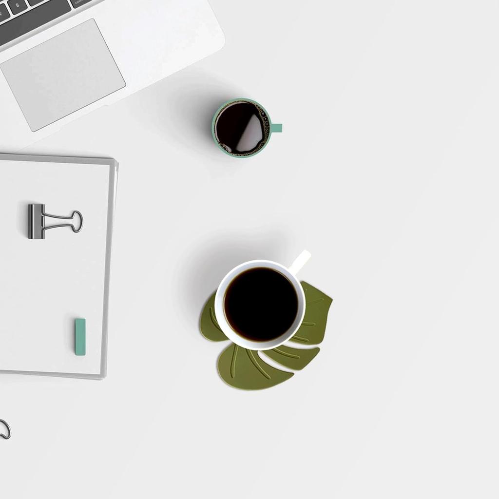 2PCS Cute Monstera Coasters, Soft Silicone Coaster for Drink, Fun Plant Cup Coasters for Desk, Creative 3D Green Turtle Leaf Drink Coaster, Tropical