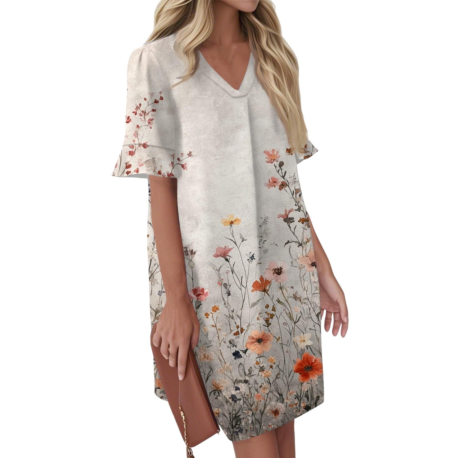 

Women s Summer Vintage Color Block Patchwork Print Dress Pleated Short Sleeve V Tie Pocket Casual Dress XL