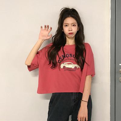 Women's Round Neck Short Sleeve Cropped Top Loose Fit British Style Graphic Print Tee