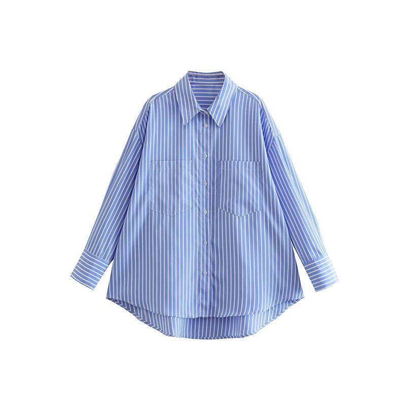 Spring New Arrival Women's Clothing Long Sleeves Lapel Versatile Casual Loose Inner Wear Bandage Dress Tops Blue and White Stripes Shirt